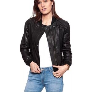 Wrangler-100% Leather Moto Ribbed Shoulder Jacket (Size:XS)